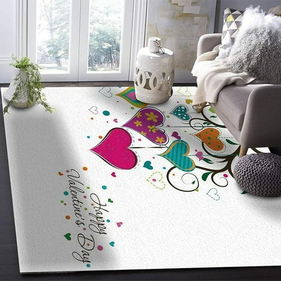 Happy Valentine's Day Area Rug, Colorful Love Hanging Branches Interior Rug, Non-Slip Rug Texture Skin-Friendly Comfortable Soft for Living Room Bedroom Home Decor 4 x 5ft