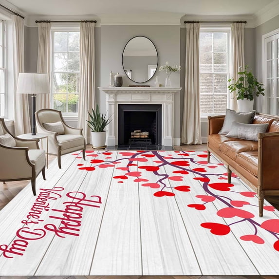 Happy Valentine's Day Area Rugs 6'x9', Washable Small Throw Rugs for Kitchen Dining room, Romantic Red Love Heart Branches Indoor Outdoor Rug Non-Slip Low Pile Carpet Runner Reversible Floor Mats