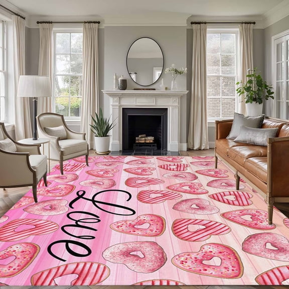 Happy Valentine's Day Area Rugs 8'x10', Washable Small Throw Rugs for Living Room Patio, Pink Ombre Love Heart Desserts Indoor Outdoor Rug Non-Slip Low Pile Carpet Runner Reversible Floor Mats