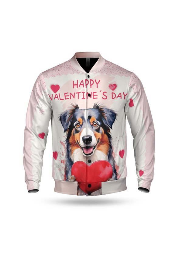 Happy Valentine's Day Australian Shepherd Brings Love Heart All Over Print 3D Baseball Jacket Aussie Dog Lover Gifts Bomber Jacket Softball - 02028