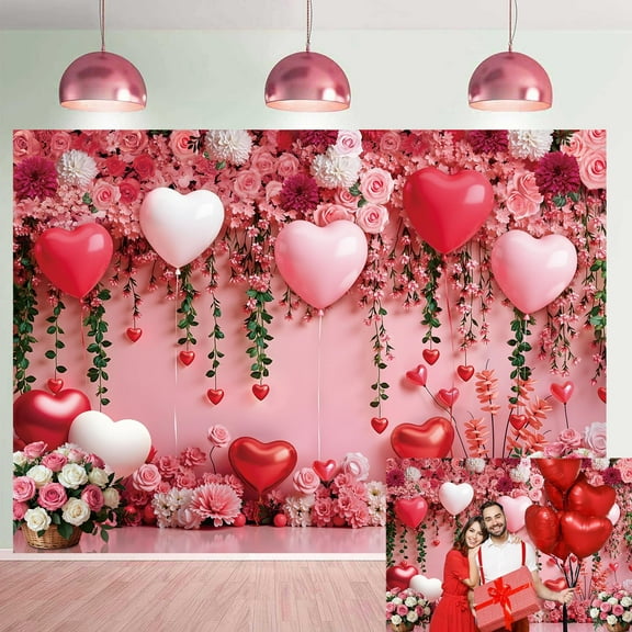 Happy Valentine's Day Backdrop Pink Love Heart Balloon Flower Valentines Day Photography Background Romantic Love Wedding Bridal Shower Anniversary Party Decoratins Banner Photo Booth Props