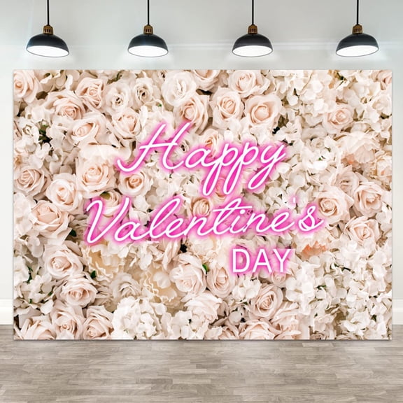 Happy Valentine's Day Backdrop Pink Rose White Hydrangea Floral Background for Photography Party Decorations Banner Romantic Holiday Photo Booth Props