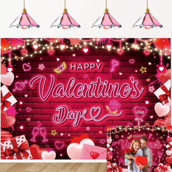 Happy Valentine's Day Backdrop Red Pink Neon Glitter Heart Valentine's Day Photography Background Valentines Romantic Couple Party Decorations Banner Supplies Photo Booth Props
