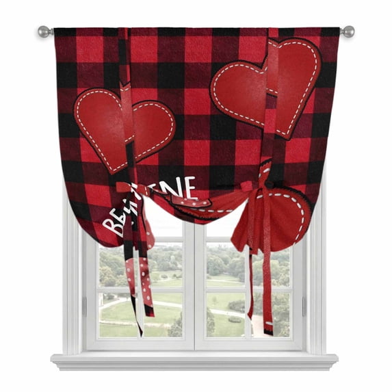 Happy Valentine's Day Balloon Curtains for Living Room/French Door, Black Red Love Hearts Buffalo Plaid Tie Up Curtains 63 Inch Length Energy Saving Kitchen Curtains Shades for Windows 42"x63"