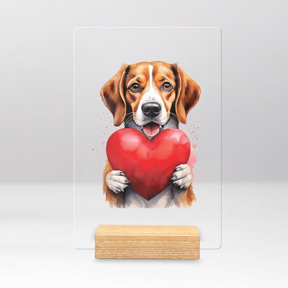 Happy Valentine's Day Beagle Brings Love Heart Acrylic Plaque Sign Ashwood Base Beagles Dog Lover Gifts Idea Home Desk Decor - 02028