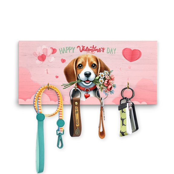Happy Valentine's Day Beagle holding flowers Wood Key Holder Beagles Dog Lover Gifts Idea Wall-mounted Key Rack Home Decor - 03005