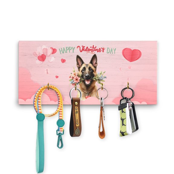 Happy Valentine's Day Belgian Malinois holding flowers Wood Key Holder Sheepdog Dog Lover Gifts Wall-mounted Key Rack Home Decor - 03005