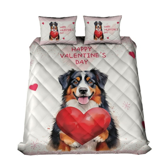 Happy Valentine's Day Bernese Mountain Dog Brings Love Heart Quilt Bedding Set Berner Lover Gifts 1 Blanket Bed Cover 2 Pillowcases - 02028