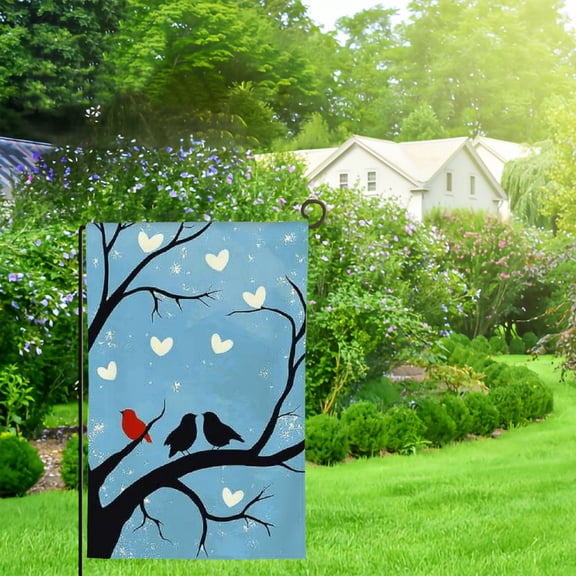 Happy Valentine's Day Birds in Love Kissing on a Tree House Flag Welcome Garden Flag for Patio Home Outdoor Decor
