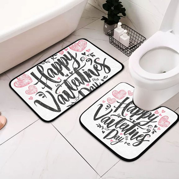 Happy Valentine's Day Black 2 Pcs Bathroom Rug Non-Slip Bathroom Mats Water Absorption Toilet Carpet Washable Shower Rugs for Bathroom Floor Tub Shower