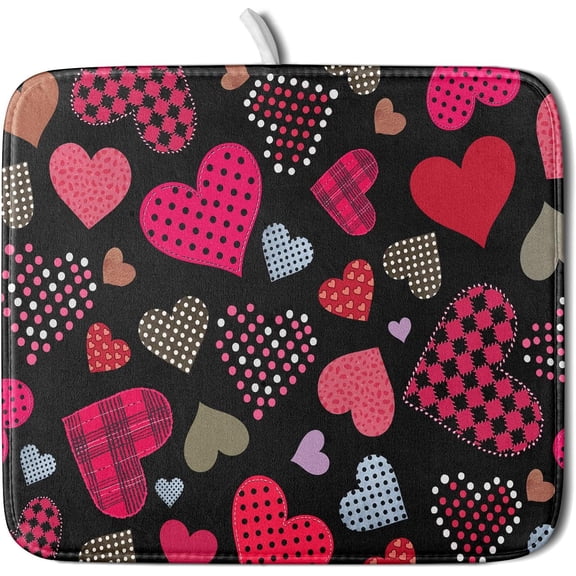 Happy Valentine''s Day Black Dish Drying Mat for Kitchen Counter,Pink Love Heart Drying Mat 16 x 18 Inch with High Absorbent Microfiber Drainer Mat for Coffee Bar