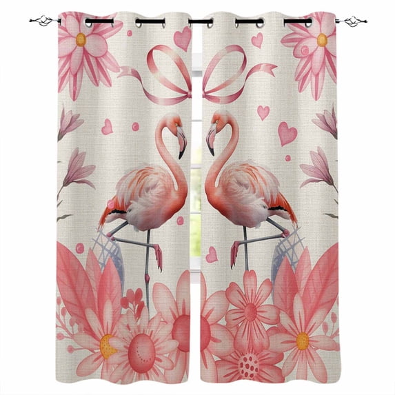 Happy Valentine's Day Blackout Curtains 45 Inches Long, Kitchen Black Out Window Treatments, Romantic Pink Flamingo Floral Burlap Thermal Insulated Lined Drapes for Small Window with Grommet 42"x45"