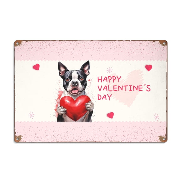 Happy Valentine's Day Boston Terrier Brings Love Heart Horizontal Metal Aluminum Sign Gentleman Dog Lover Gifts Wall Art Home Decor - 02028