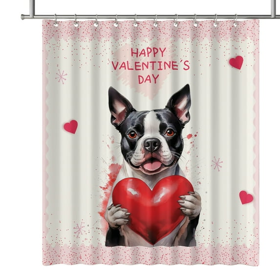 Happy Valentine's Day Boston Terrier Brings Love Heart Shower Curtain Gentleman Dog Lover Gifts Waterproof Bathroom Bathtub Curtain - 02028