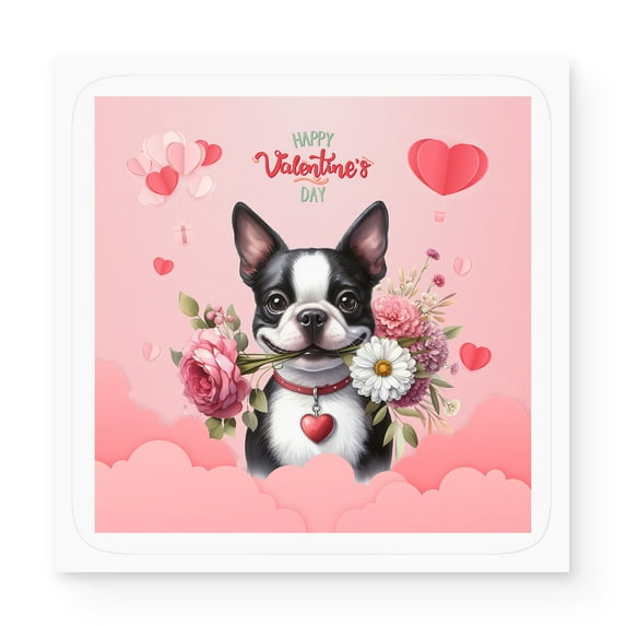 Happy Valentine's Day Boston Terrier holding flowers Vinyl Sticker Gentleman Dog Lover Gifts Waterproof Decal Art Decor - 03005