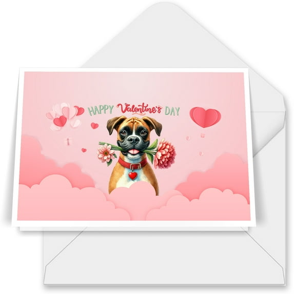 Happy Valentine's Day Boxer holding flowers 7x5in Folded Greeting Card Boxers Dog Lover Gifts Idea Single Note Card with Envelope - 3005