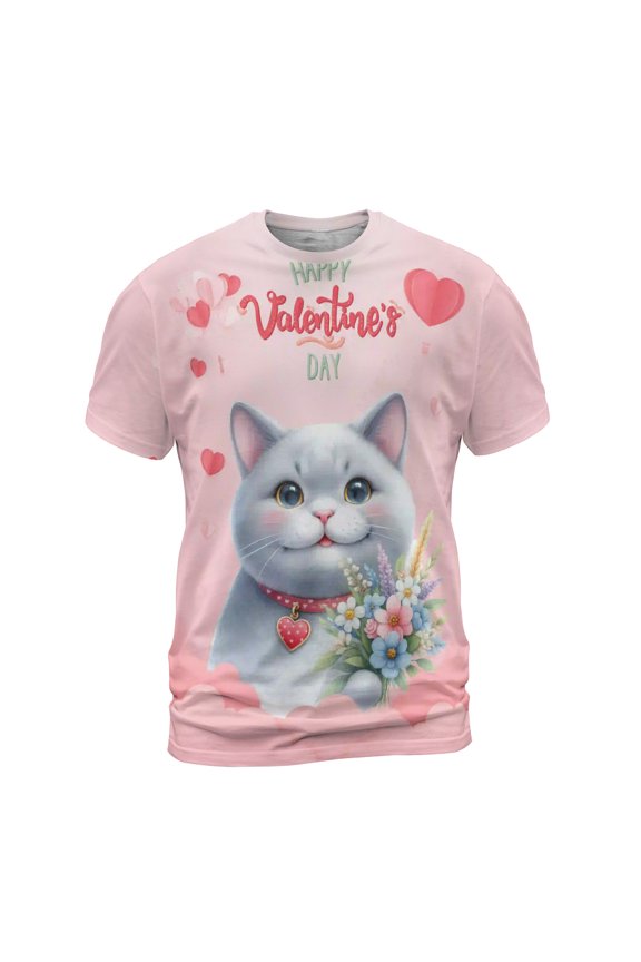 Happy Valentine's Day British Shorthair holding flowers All Over Print 3D Shirt Unisex Merch Cat Lover Kitten Owner Gifts - 3005