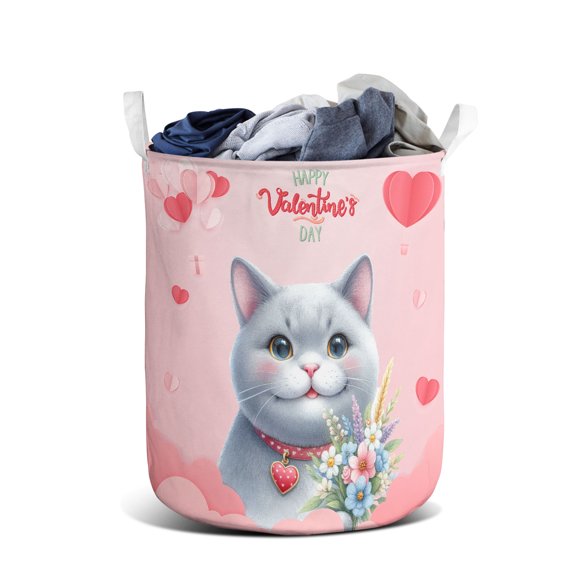 Happy Valentine's Day British Shorthair holding flowers Foldable Laundry Basket Cat Lover Kitten Owner Gifts Organizer Storage with Handles - 3005