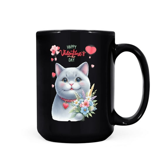 Happy Valentine's Day British Shorthair holding flowers Mug Cat Lover Kitten Owner Gifts Coffee Tea Cup - 3005
