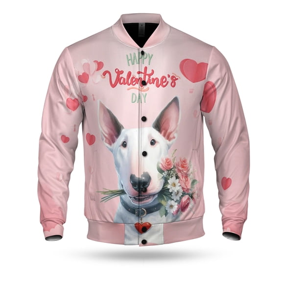 Happy Valentine's Day Bull Terrier holding flowers All Over Print 3D Baseball Jacket Bully Dog Lovers Gifts Idea Bomber Jacket Softball - 3005