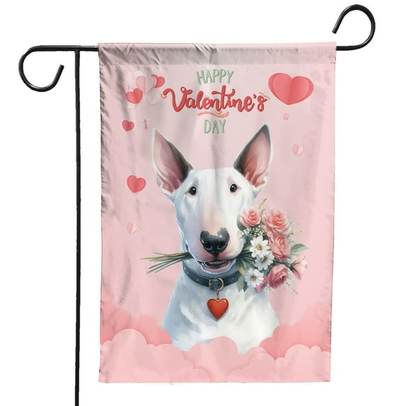 Happy Valentine's Day Bull Terrier holding flowers Garden Flag 12x18in Double Sided Bully Dog Lovers Gifts Idea Outdoor Decor - 3005