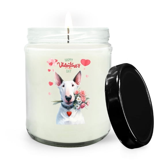 Happy Valentine's Day Bull Terrier holding flowers Soy Wax Candle Bully Dog Lovers Gifts Idea 16oz White Vanilla Candle - 03005