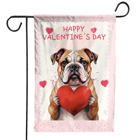 Happy Valentine's Day Bulldog Brings Love Heart Garden Flag 12x18in Double Sided Dog Lover Gifts Idea Outdoor Decor - 02028