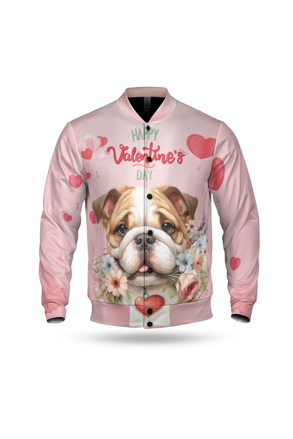 Happy Valentine's Day Bulldog holding flowers All Over Print 3D Baseball Jacket Dog Lover Gifts Idea Bomber Jacket Softball - 3005