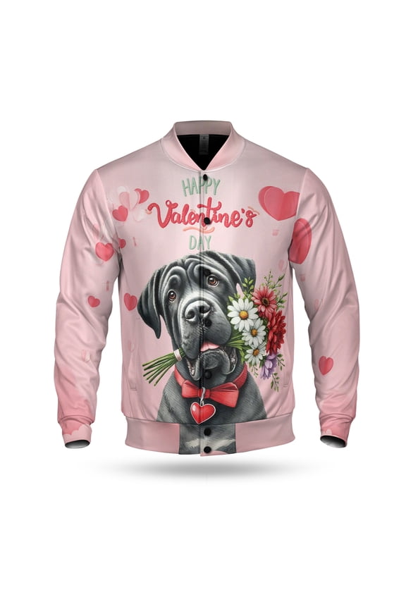 Happy Valentine's Day Cane Corso holding flowers All Over Print 3D Baseball Jacket Italian Mastiff Dog Lover Gifts Idea Bomber Jacket Softball - 3005