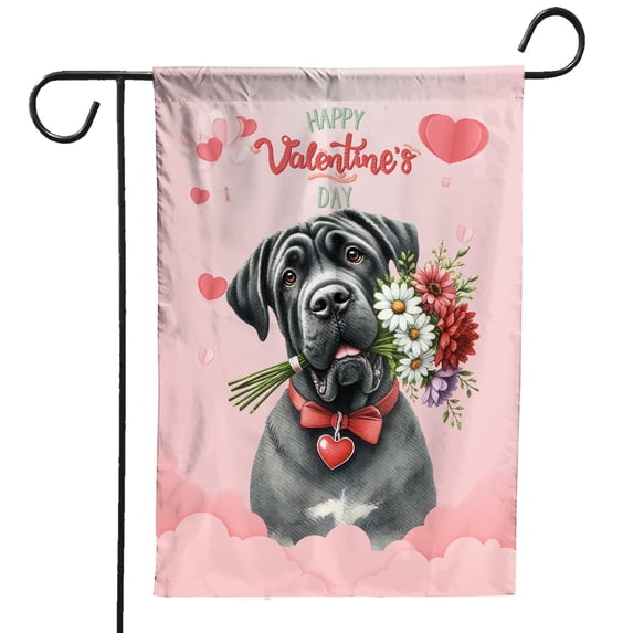 Happy Valentine's Day Cane Corso holding flowers Garden Flag 12x18in Double Sided Italian Mastiff Dog Lover Gifts Idea Outdoor Decor - 3005