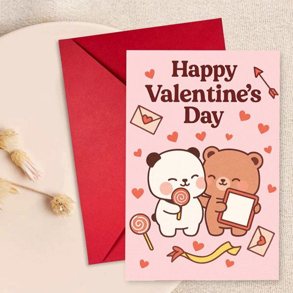 Happy Valentine's Day Card with Cute Panda and Bear Design Envelope Included, Blank Inside Perfect for Love Notes, Romantic Gestures, and Friends