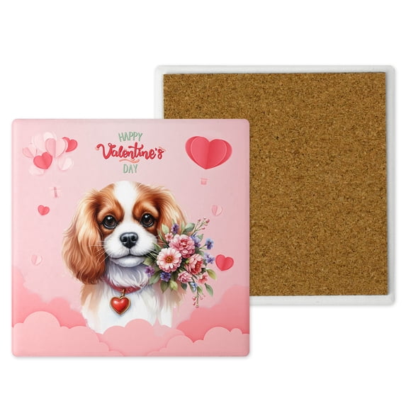 Happy Valentine's Day Cavalier King Charles Spaniel holding flowers Set of 4 Stone Coasters Dog Lover Gifts 4x4in Absorbent Soapstone Coaster - 3005