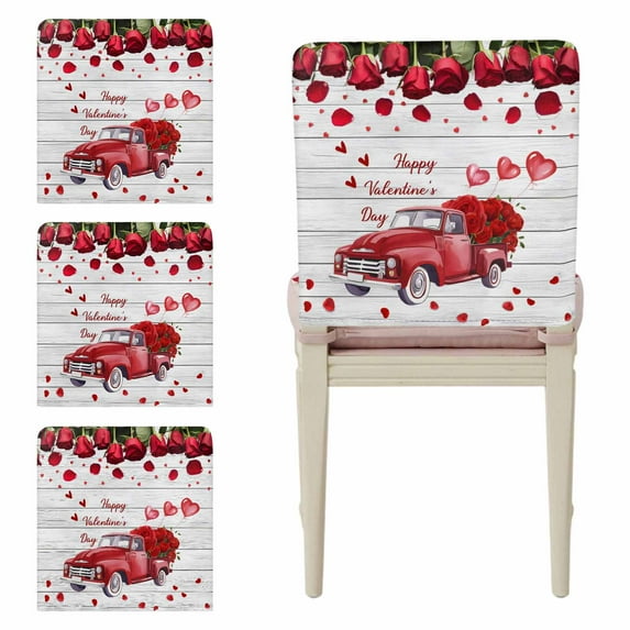 Happy Valentine's Day Chair Back Covers Set of 6, Red Love Car Roses Floral Wood Grain Stretch Dining Chair Back Slipcovers Removable Seat Cover for Kitchen Restaurant Hotel Cafe