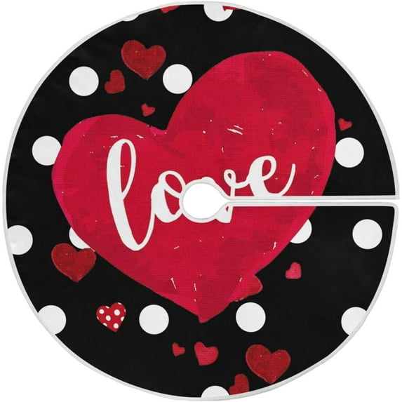 Happy Valentine''s Day Christmas Tree Skirt Decorations Red Heart Love Black Xmas Tree Mat 36 inch for Holiday Party Supplies Rustic Ornaments Mini Tree Skirt