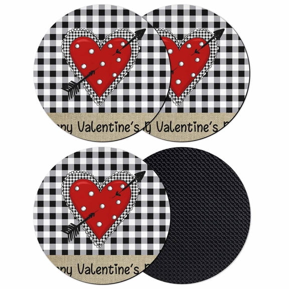 Happy Valentine's Day Coasters Set of 4, Absorbent Coasters for Drinks, Polka Dot Love Heart White Black Plaid Coaster for Desk Coffee Table Protection, Home Decor House Warming Gifts 4"