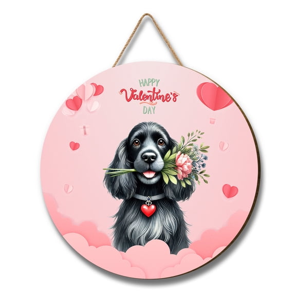 Happy Valentine's Day Cocker Spaniel holding flowers Round Wood Sign Cockers Dog Lover Gifts Hanging Wall Home Decor - 3005