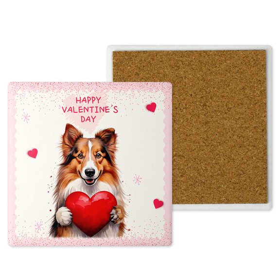 Happy Valentine's Day Collie Brings Love Heart Set of 4 Stone Coasters Collie Dog Lover Gifts Idea 4x4in Absorbent Soapstone Coaster - 02028