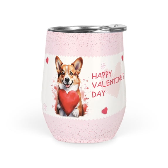 Happy Valentine's Day Corgi Brings Love Heart 12oz Stainless Steel Wine Tumbler Insulated Cup with Lid Welsh Corgi Dog Lover Gifts Idea - 02028
