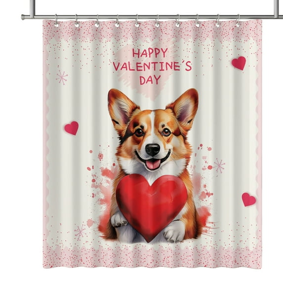 Happy Valentine's Day Corgi Brings Love Heart Shower Curtain Welsh Corgi Dog Lover Gifts Idea Waterproof Bathroom Bathtub Curtain - 02028