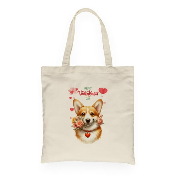 Happy Valentine's Day Corgi holding flowers Canvas Tote Bag Welsh Corgi Dog Lover Gifts Idea Reusable Shopping Grocery Bag - 03005