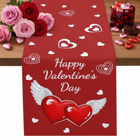 Happy Valentine's Day Cotton Linen Table Runner Red Wings Love Heart Red Background Dining Table Runners for Home Decor Party Dining Room Restaurant Kitchen Party 13" x 36"