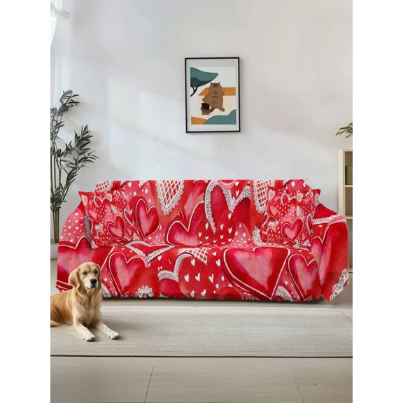Happy Valentine's Day Couch Cover Sofa Covers 3 Cushion Sectional Couch, Red Dots Love Heart Romantic Washable Sofa Covers Slipcover Sectional Sofa Cover, Furniture Protector 71"x150"