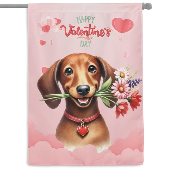 Happy Valentine's Day Dachshund holding flowers House Flag 28x40in Double Sided Wiener Dog Lover Gifts Idea Outdoor Decor - 3005