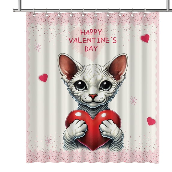 Happy Valentine's Day Devon Rex Brings Love Heart Shower Curtain Cat Lover Kitten Owner Gifts Waterproof Bathroom Bathtub Curtain - 02028