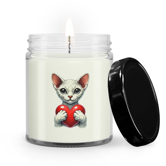 Happy Valentine's Day Devon Rex Brings Love Heart Soy Wax Candle Cat Lover Kitten Owner Gifts 9oz White Birch & Black Pepper Candle - 02028