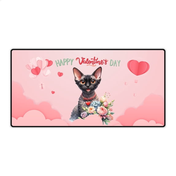 Happy Valentine's Day Devon Rex holding flowers Desk Mat Full Keyboard Mouse Pad Cat Lover Kitten Owner Gifts Large Mousepad - 3005