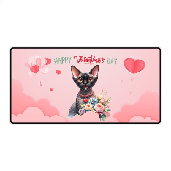 Happy Valentine's Day Devon Rex holding flowers Desk Mat Full Keyboard Mouse Pad Cat Lover Kitten Owner Gifts Large Mousepad - 3005