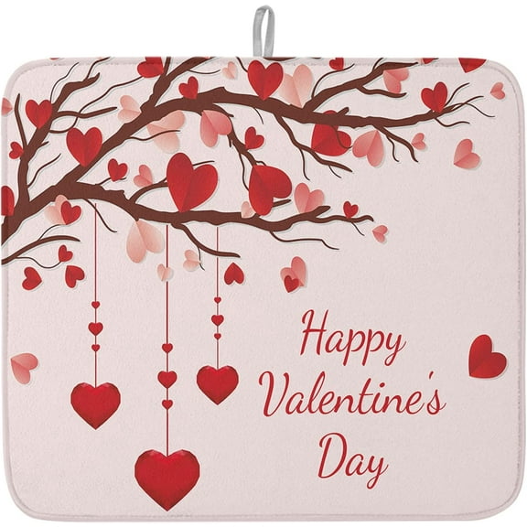 Happy Valentine''s Day Dish Drying Mat for Kitchen Counter Love Heart Pink Drying Pad Absorbent Drying Mats for Countertops Sinks Draining Racks Tree Branch Reversible Drainer Valentines Decor 16x18