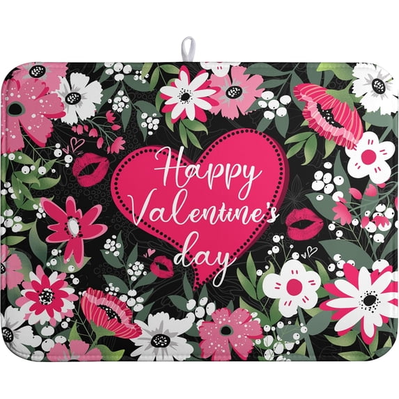 Happy Valentine''s Day Dish Drying Mat for Kitchen Counter Valentines Flowers Love Heart Drying Mats Absorbent Reversible Dishes Drainer Mats Microfiber Dish Drying Pad Large Dish Rack Mat 18x24 Inch