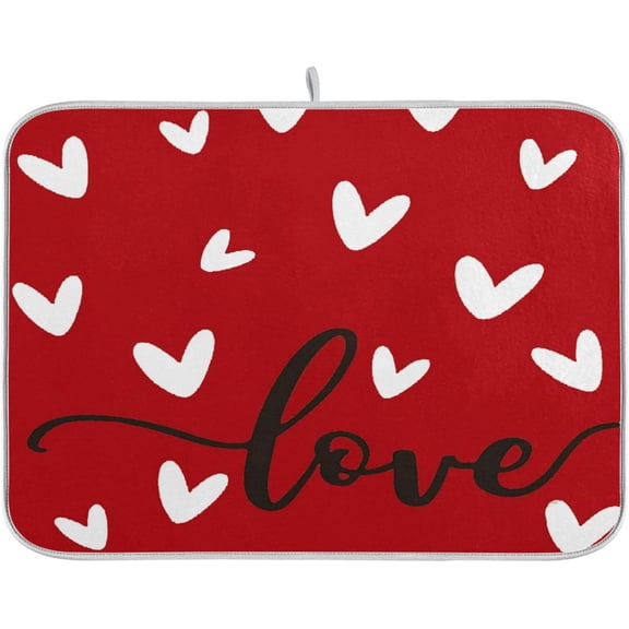 Happy Valentine''s Day Dish Drying Mat for Kitchen Red White Love Heart Microfiber Drying Mats Absorbent Reversible Dish Pad Medium Dish Draining Mat 16x18 inch